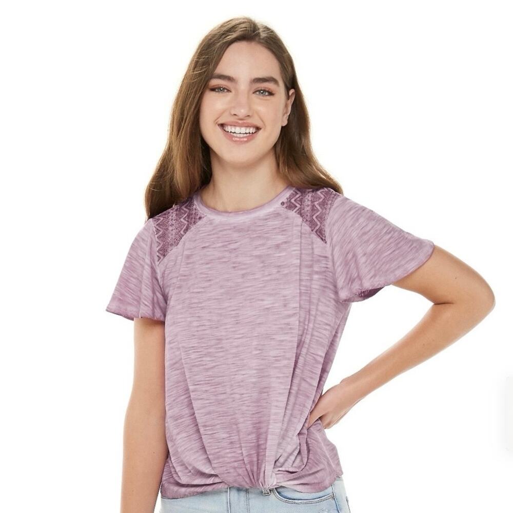 Jolt Junior's Crochet Shoulder Twist-Front Tee Shirt Top Size Large